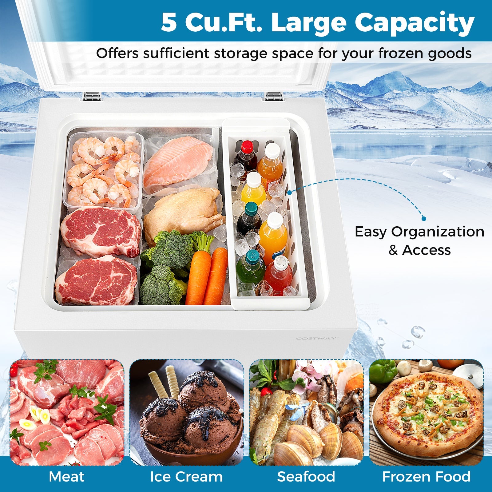 141 L/5 Cu.Ft Compact Chest Freezer with 7-Gear Adjustable Temperature-White