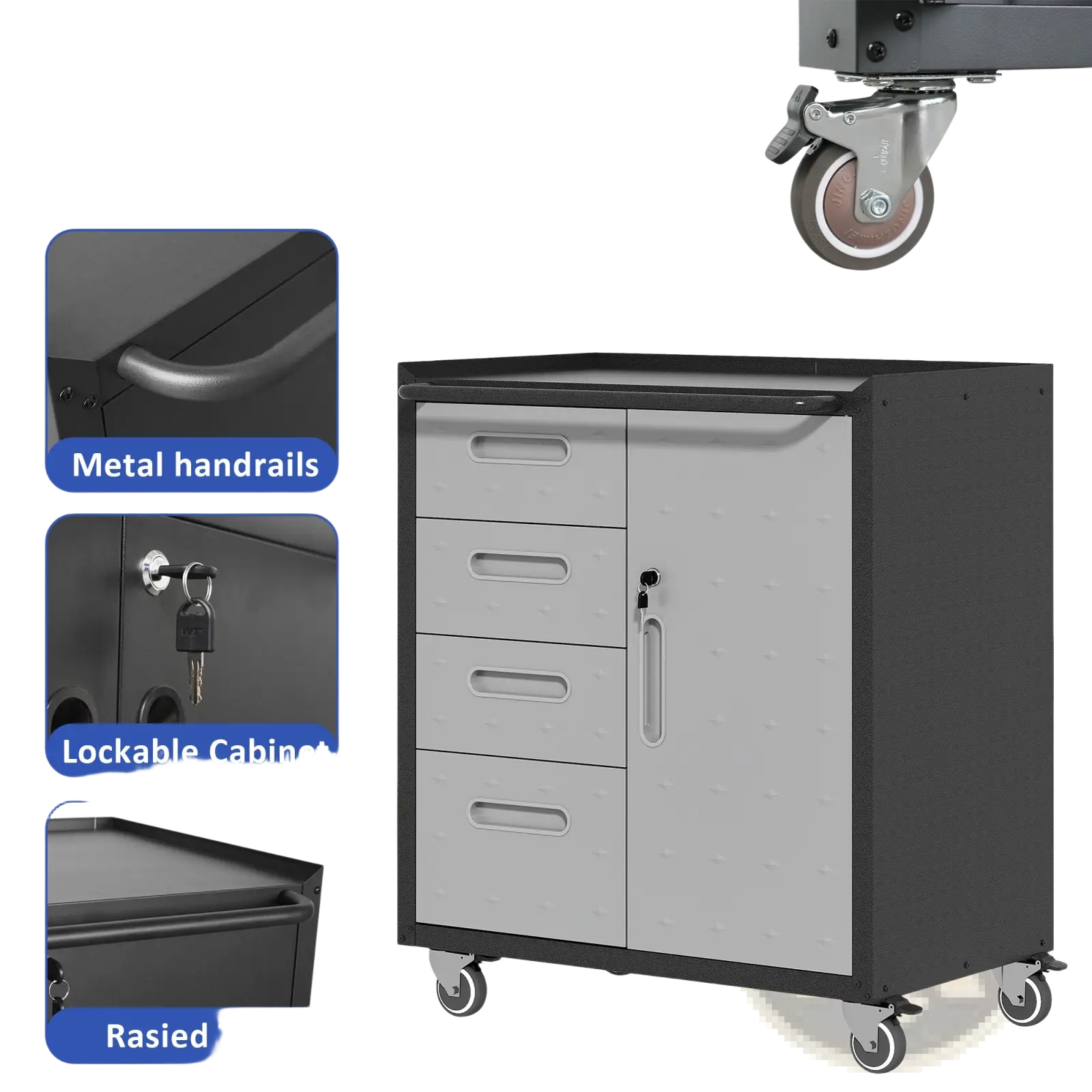 Metal Tool Storage Cabinet with Wheels 4 Drawer Gray
