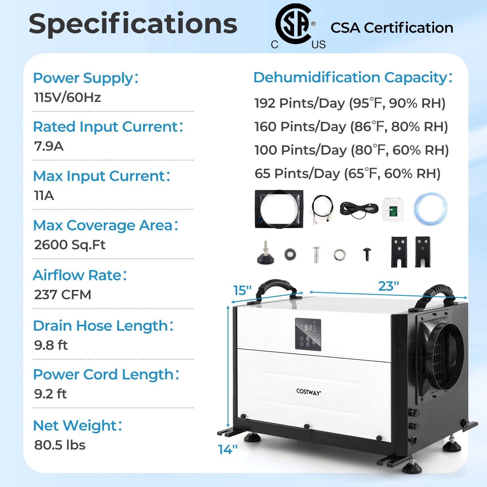 192 Pint Crawl Space Dehumidifier with 3 Modes and 24H Timer